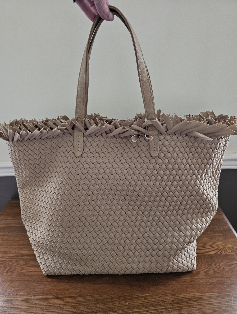 Naghedi Taupe Woven Fringe Leather Tote
